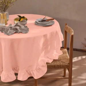 Toalha de mesa redonda com folhos em linho lavado rosa