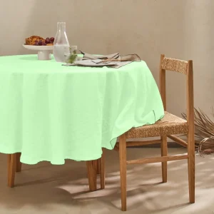 Toalha de mesa redonda com crochê em linho lavado verde menta