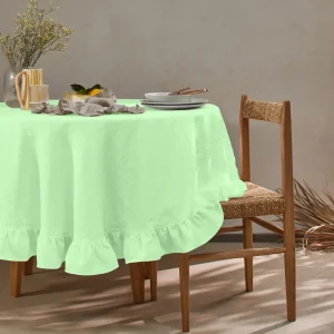 Toalha de mesa redonda com folhos sob medida em linho lavado verde menta