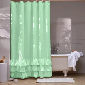 Cortina de duche em linho com folhos verde-menta