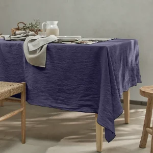 Toalha de mesa retangular sob medida bordado rolinho em linho lavado azul noite
