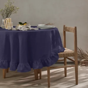 Toalha de mesa redonda com folhos em linho lavado azul noite